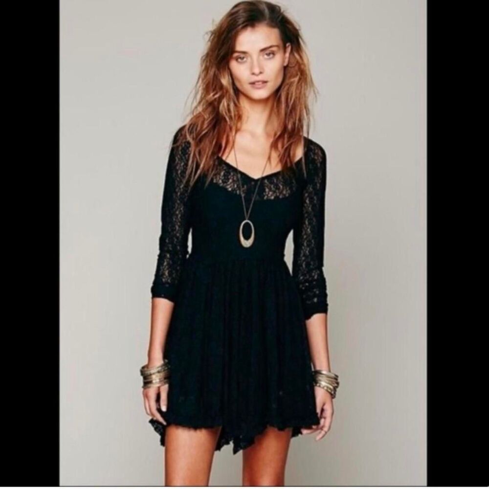 Intimately Free People Black Look Both Ways Slip Dress Lace Long Sleeve Size XS